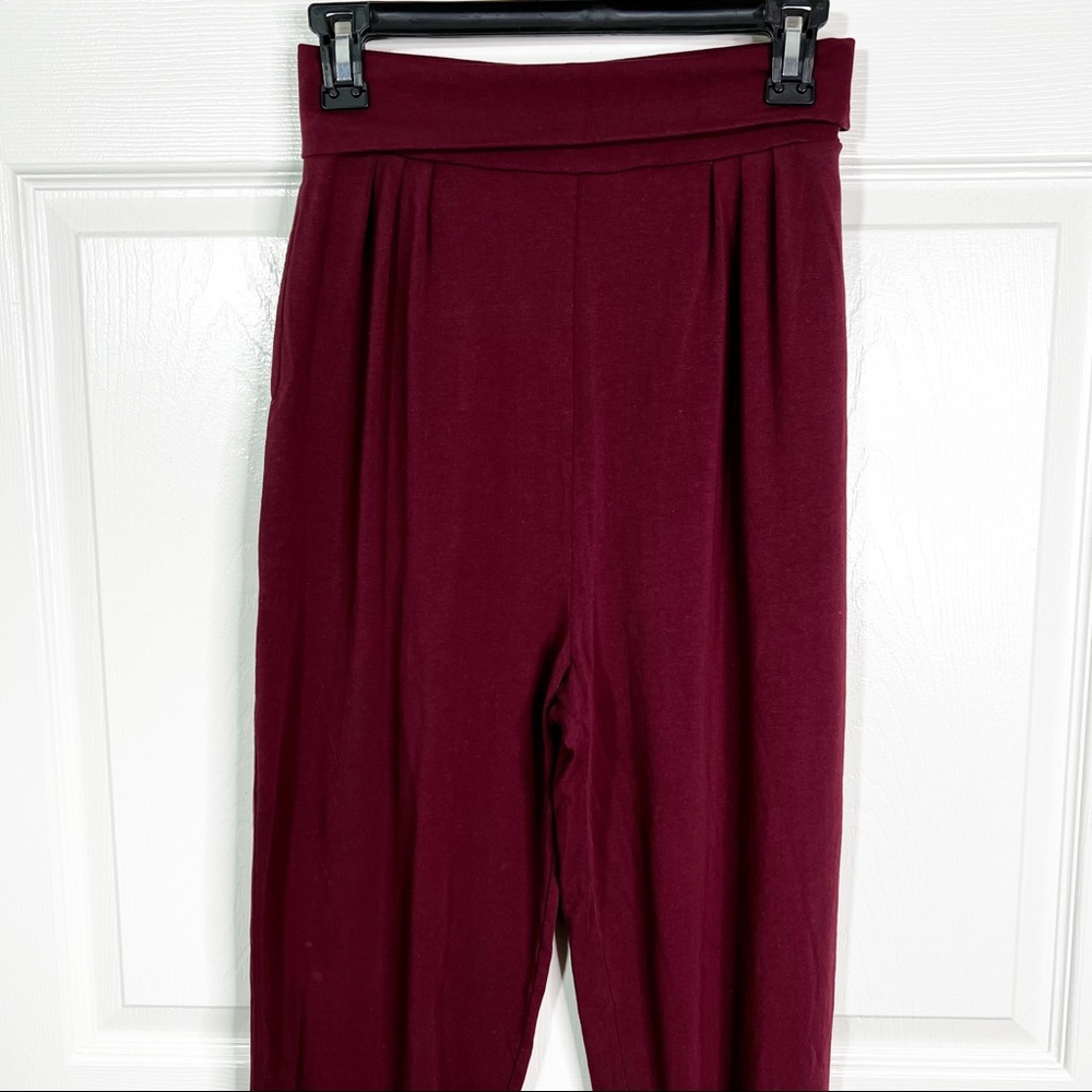 Hello Nite! Jersey Knit Wide Leg High Waisted Fold Down Jogger Pants Wine Sz S - Picture 2 of 6